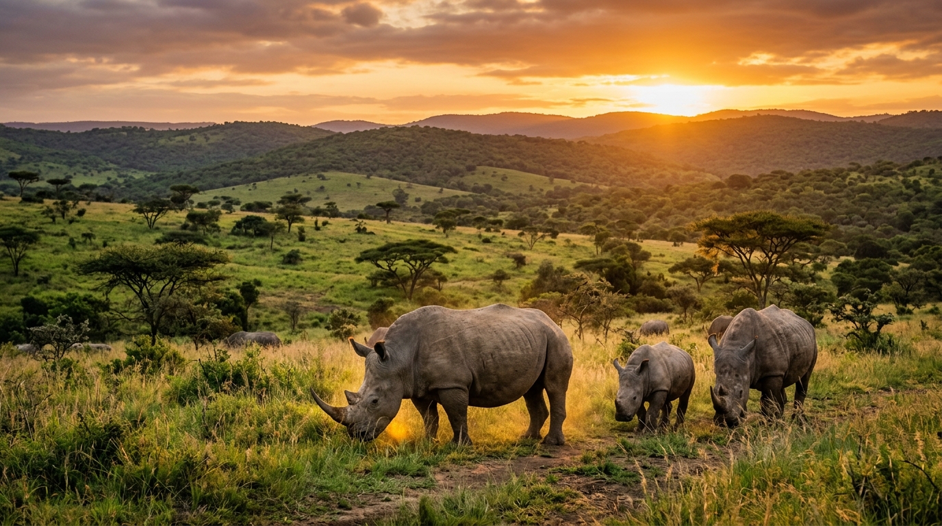 White rhinos grazing at sunset in Hluhluwe-iMfolozi Park, KwaZulu-Natal